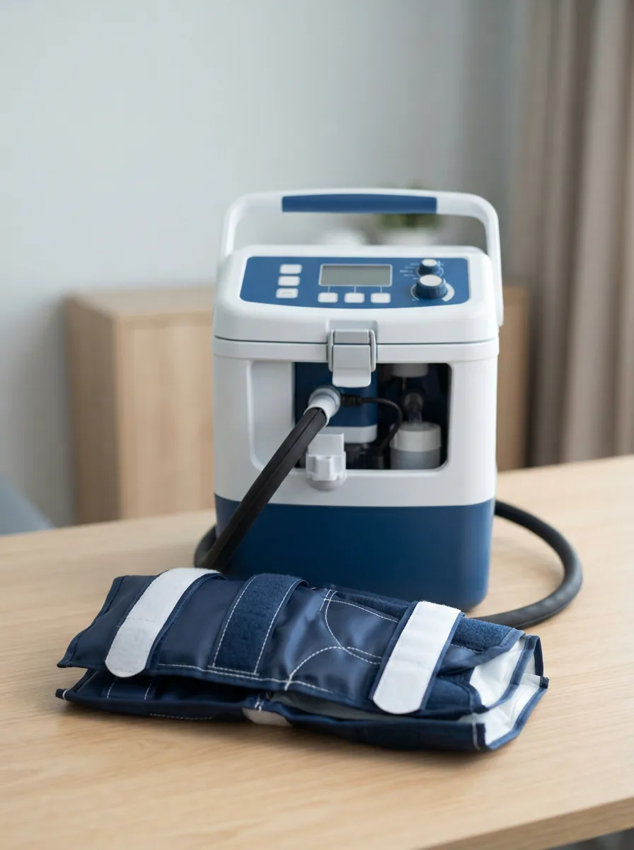 The Aircast Cryo Cuff IC Motorized Cooler unit prominently displayed with its knee cuff accessory.
