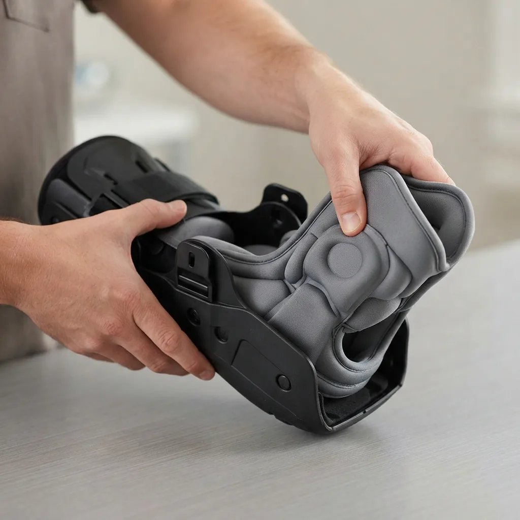 Hands demonstrating how a new liner securely fits into the shell of a walking boot.