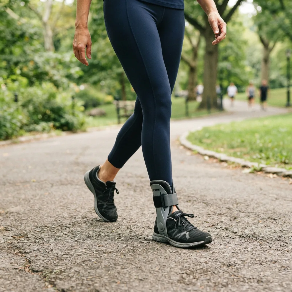 A person wearing the Aircast brace while walking confidently on a paved path outdoors.
