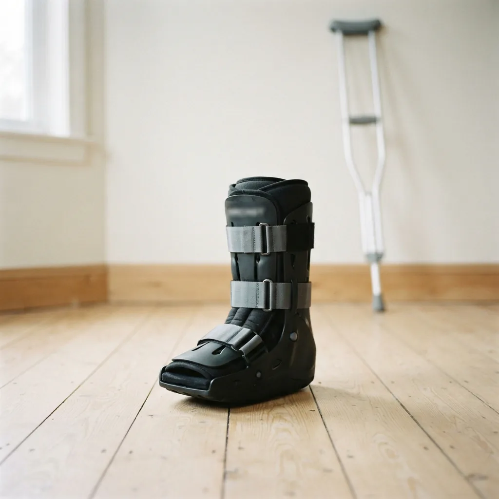 The Aircast AirSelect Short Walking Boot placed next to a crutch on a light-colored floor.