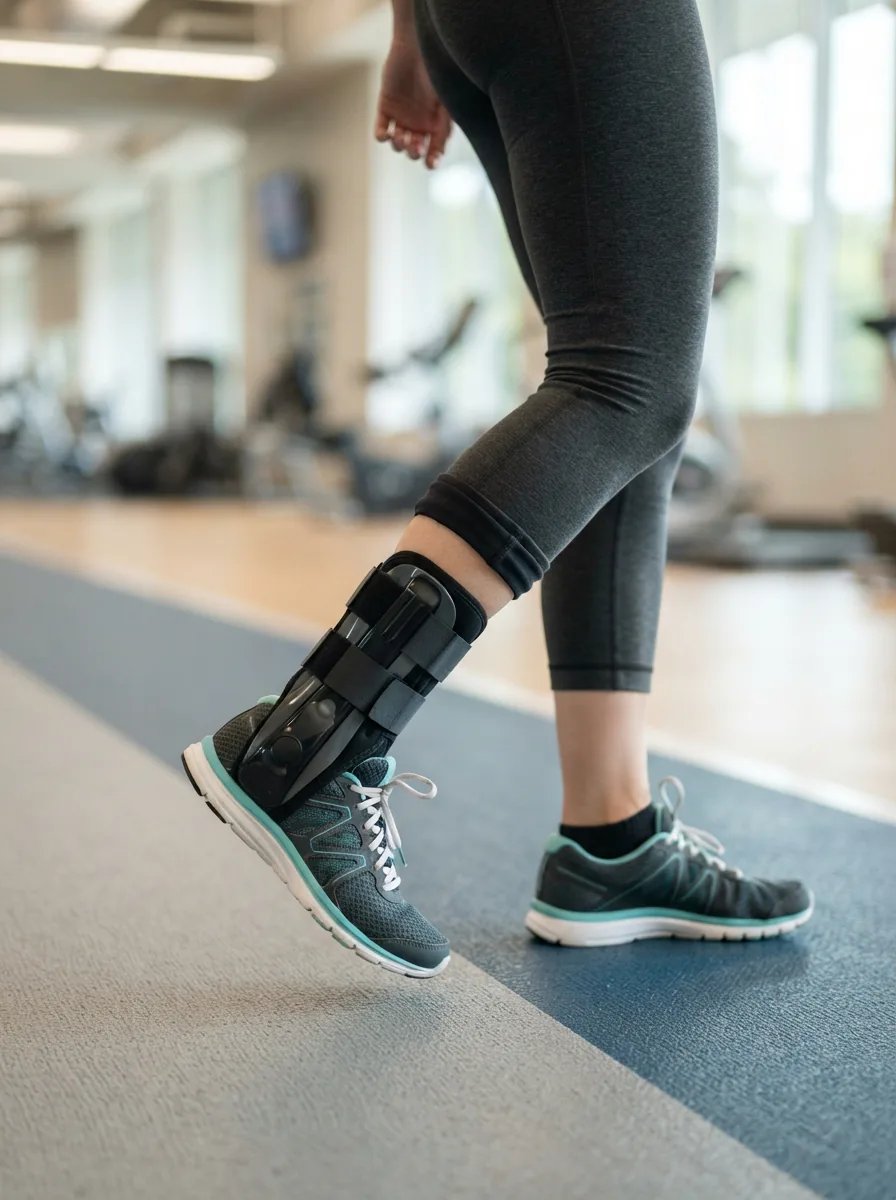 Aircast ankle brace worn on an ankle during recovery.
