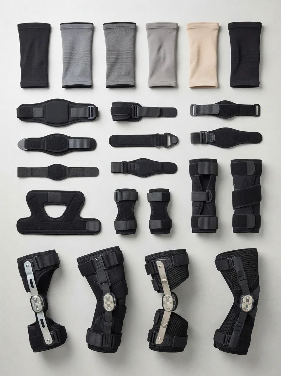 A collection of various Aircast elbow braces displayed on a clean surface.