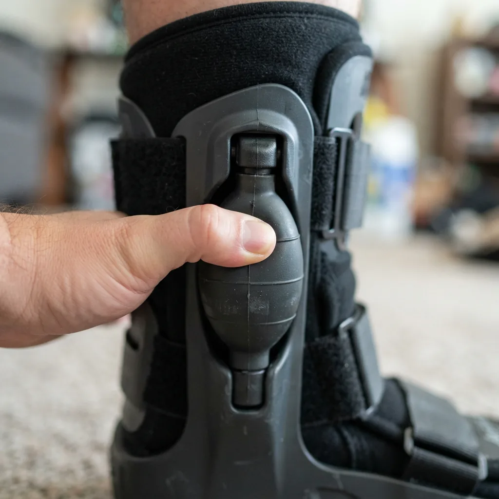 A thumb pressing the integrated inflation bulb on the side of the Aircast AirSelect Short Walking Boot.