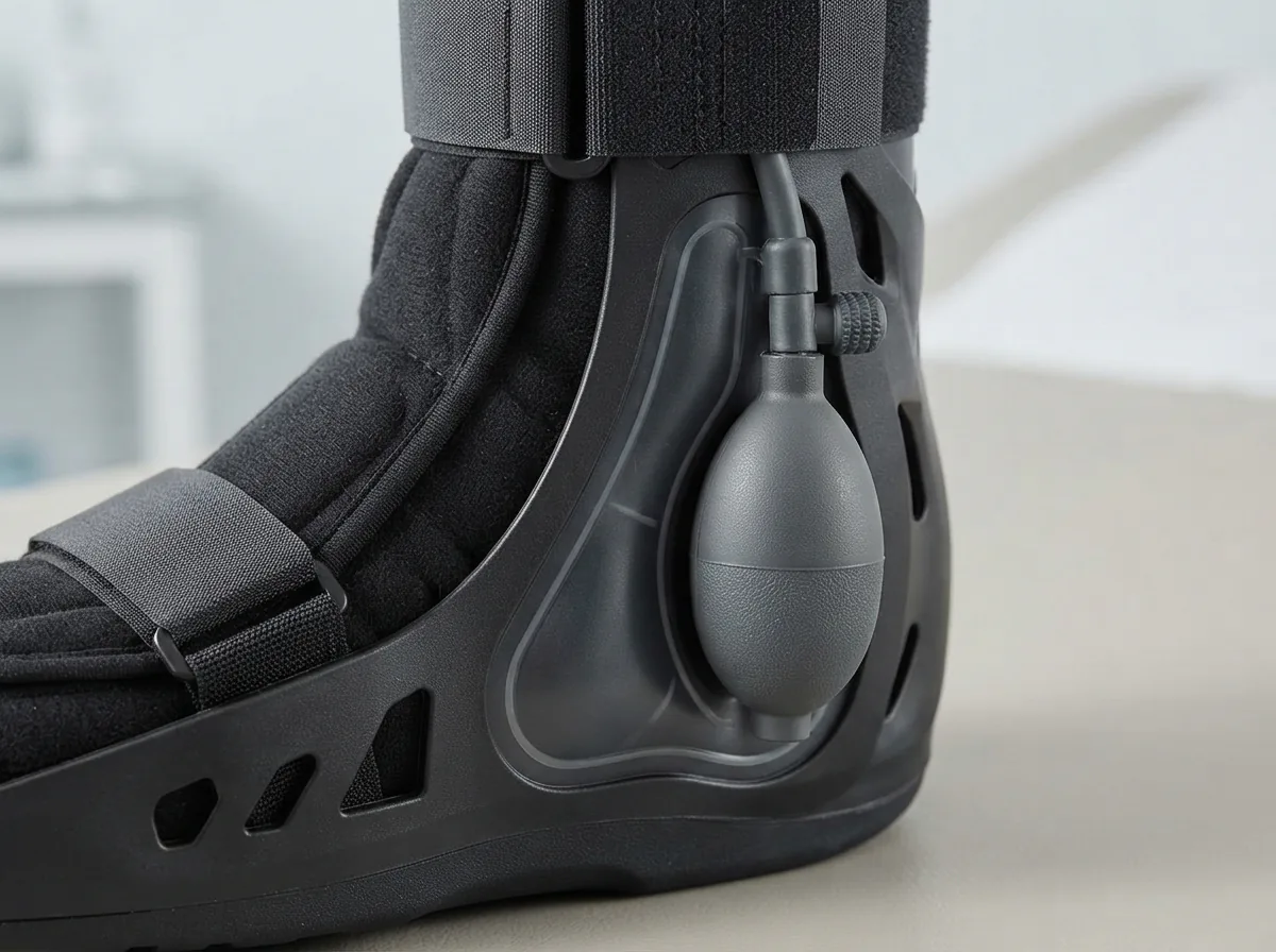 Close-up of the Aircast AirSelect Short Walking Boot showing the integrated inflation bulb and aircell system on the side.