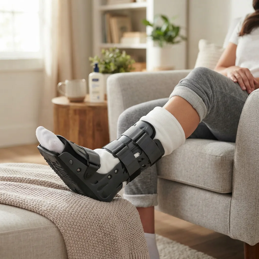 A person comfortably wearing a walking boot with a clean, fresh replacement liner visible.
