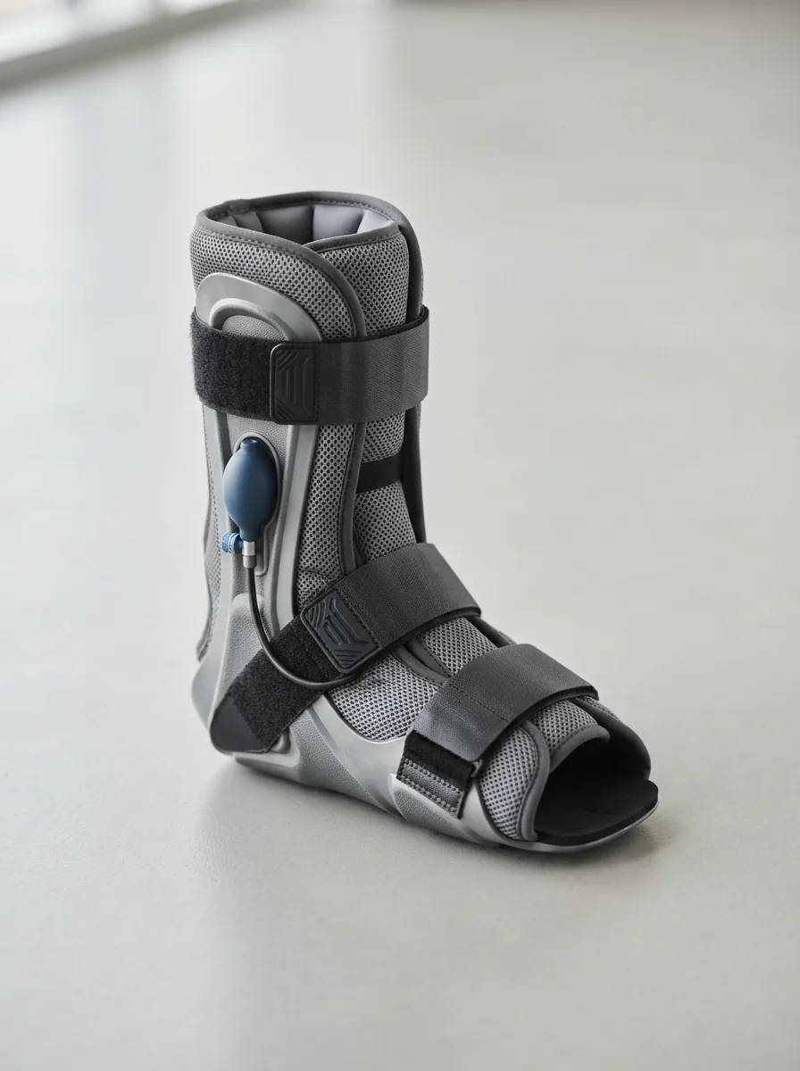 A close-up, high-angle shot of an Aircast pneumatic ankle air splint displayed on a clean, light-colored surface, highlighting its adjustable aircell and streamlined design.