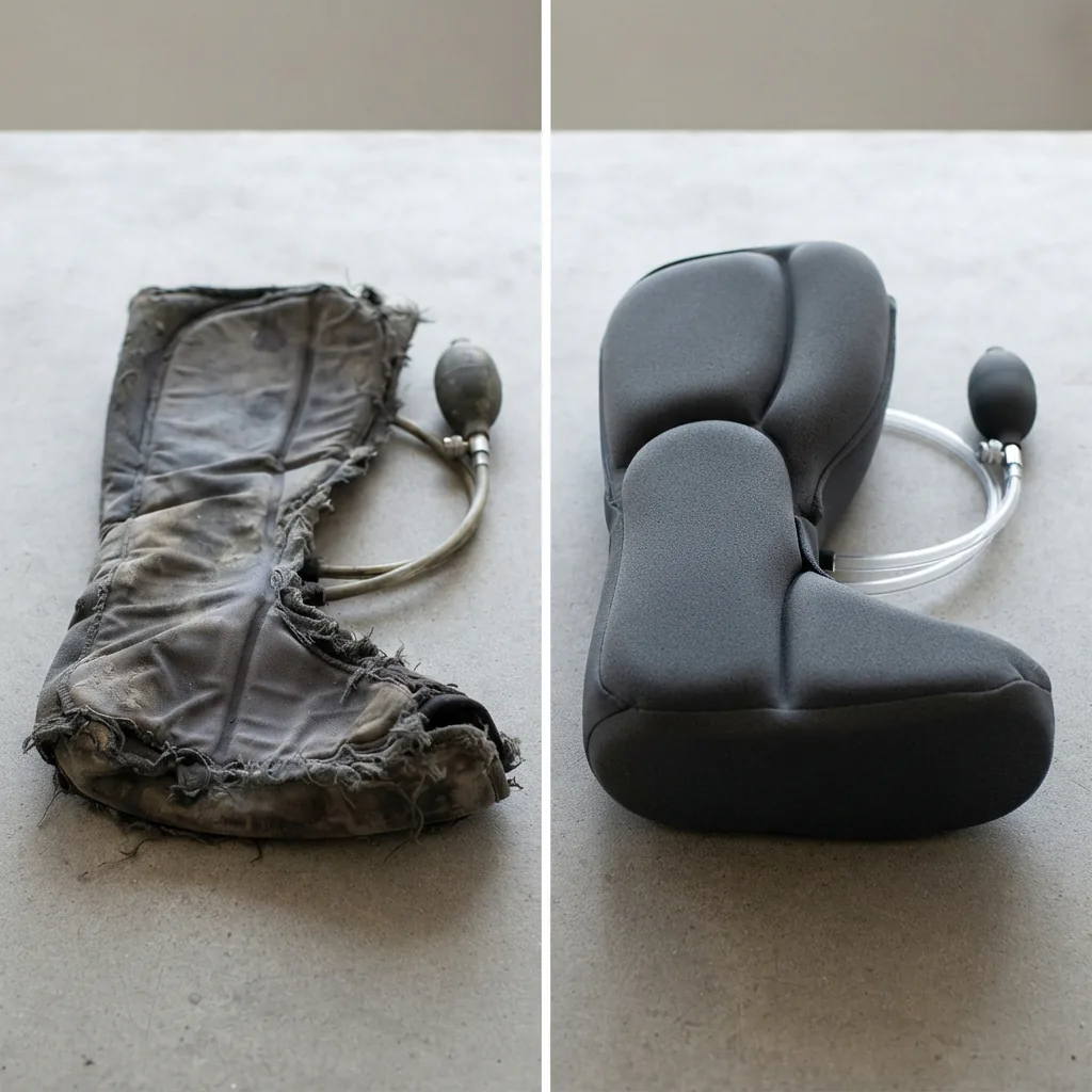 A close-up showing the compressed, worn-out foam of an old walking boot liner compared to a new one.