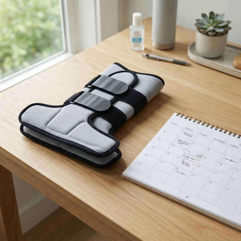 A walking boot liner placed neatly beside a calendar, symbolizing the passage of time and need for refreshment.