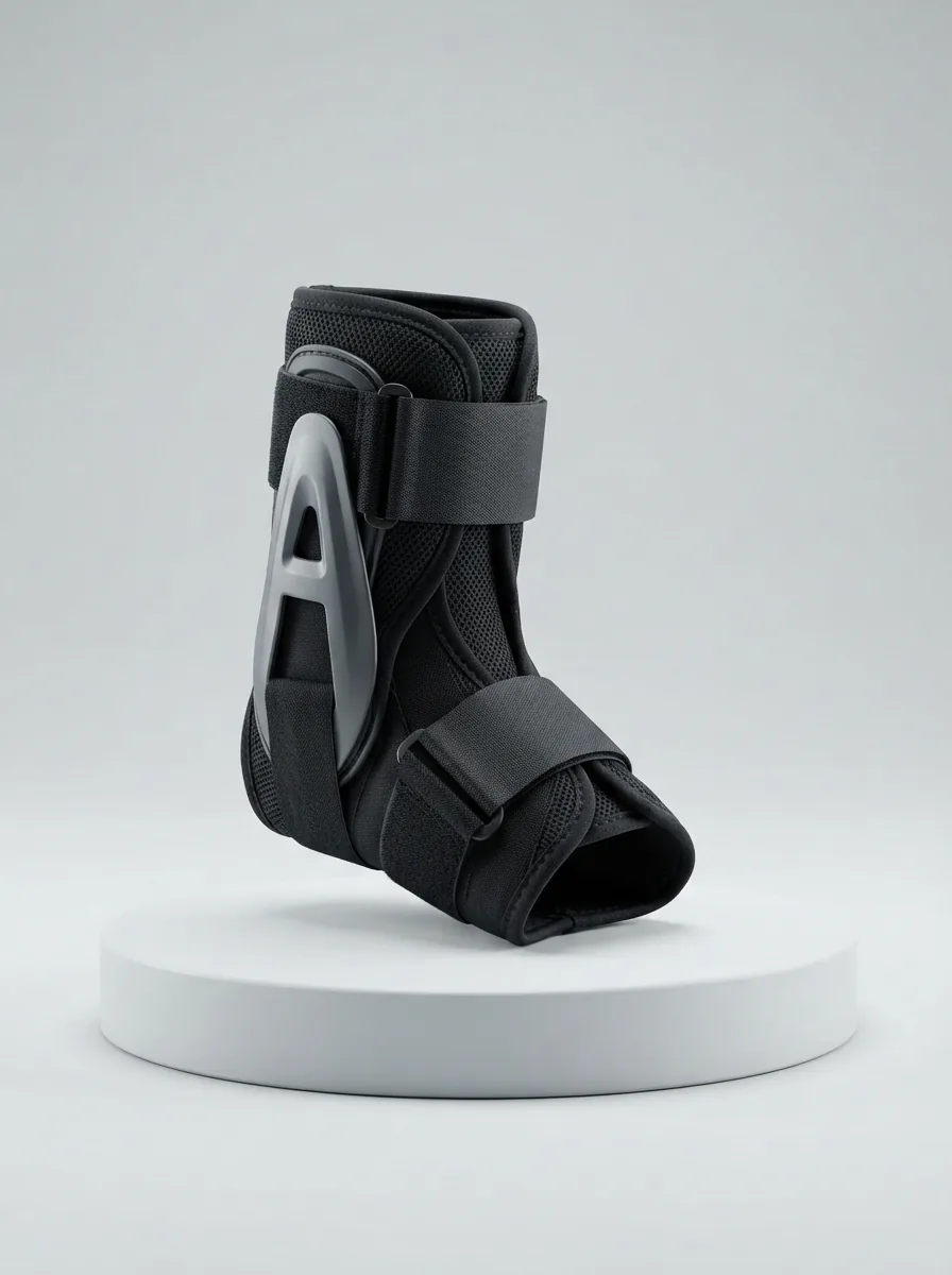 Front three-quarter view of the Aircast A60 ankle brace, displayed on a clean, neutral background to showcase its overall design and profile.