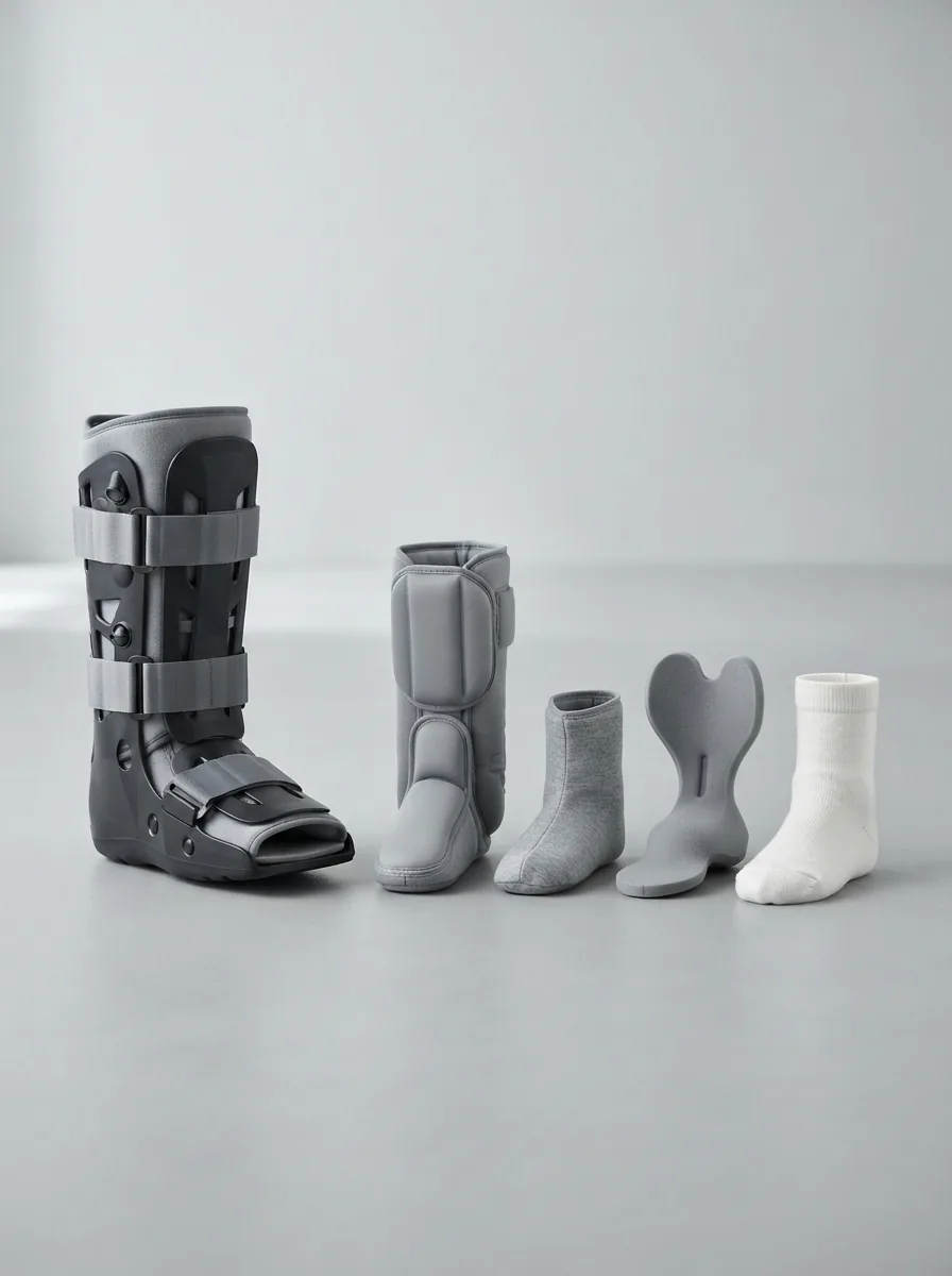 A clean, organized display of various Aircast replacement liners and socks laid out on a white surface next to a walking boot.