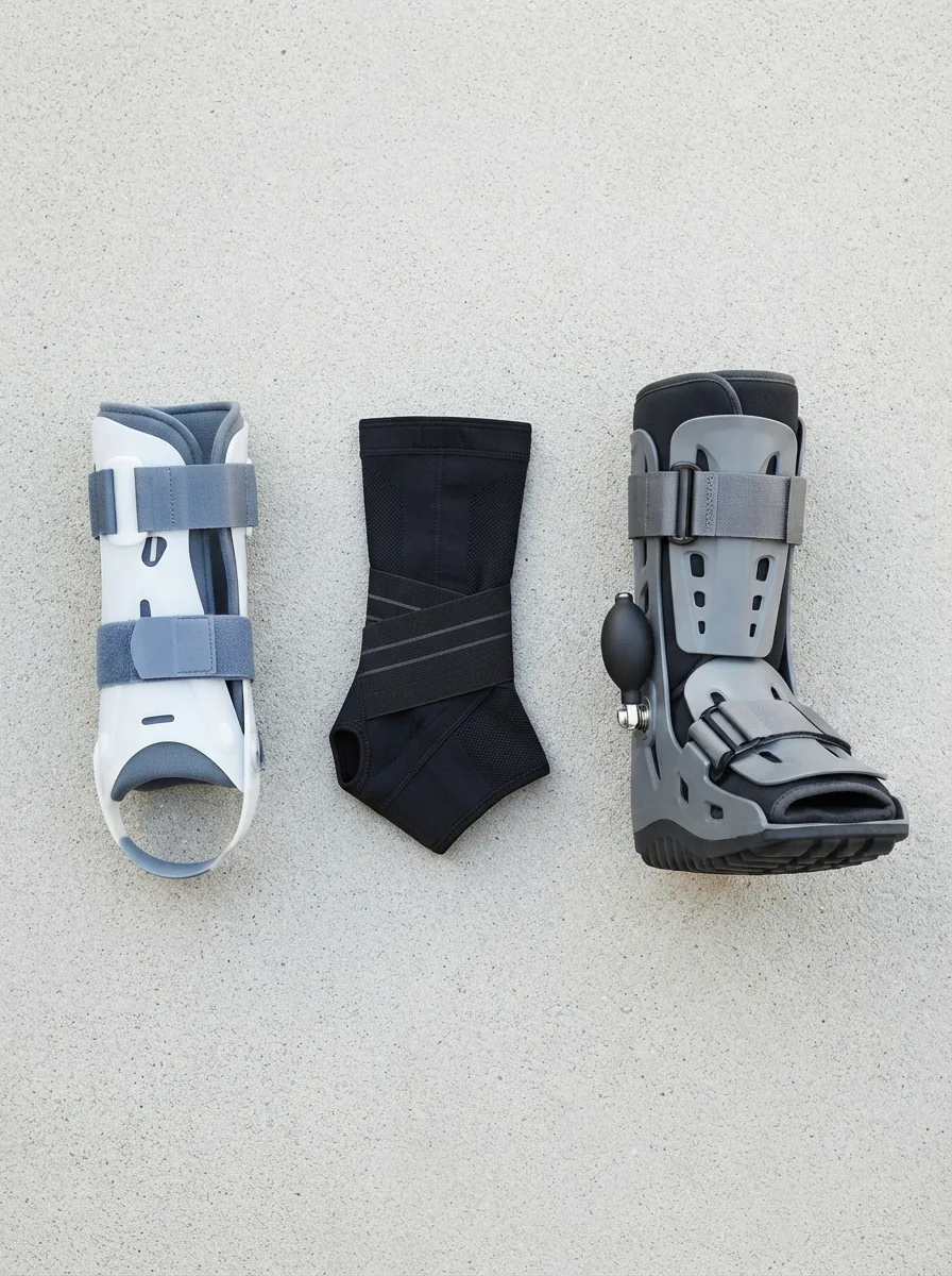 A flat-lay assortment of Aircast ankle braces on a light gray surface, including an Air-Stirrup, an Airsport brace, and a walking boot.