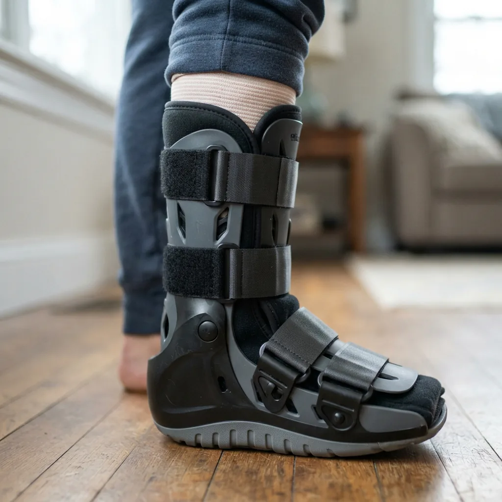 A close-up of the Aircast AirSelect Short Walking Boot on a foot with a visible ankle bandage underneath.