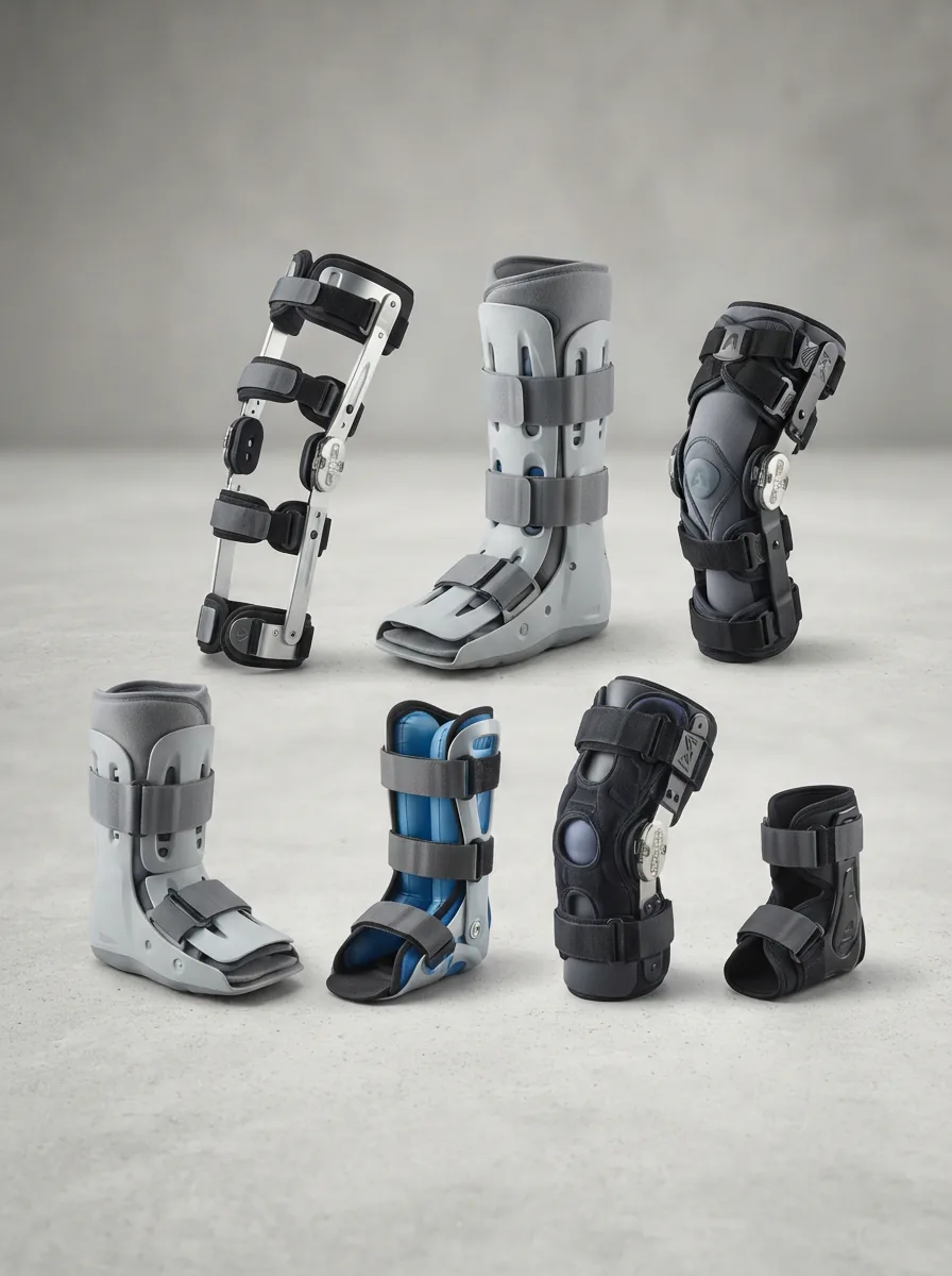 An assortment of Aircast leg braces displayed against a clean, light background, showing different designs and support levels.