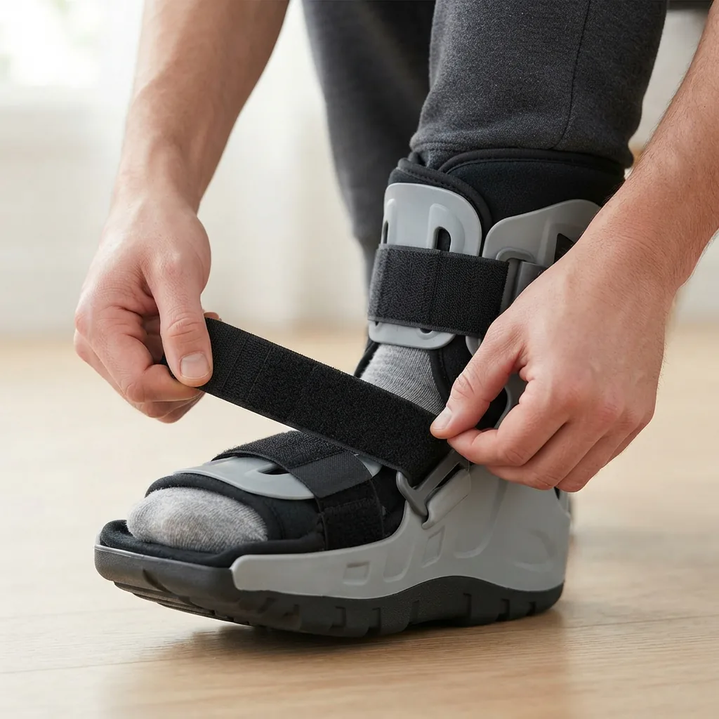 Hands fastening the bottom Velcro strap on the Aircast AirSelect Short Walking Boot.