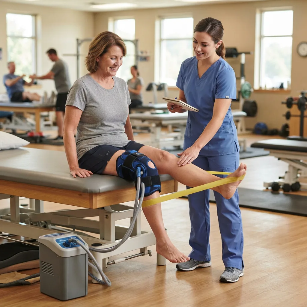 A person in a physical therapy setting with a cold therapy system.