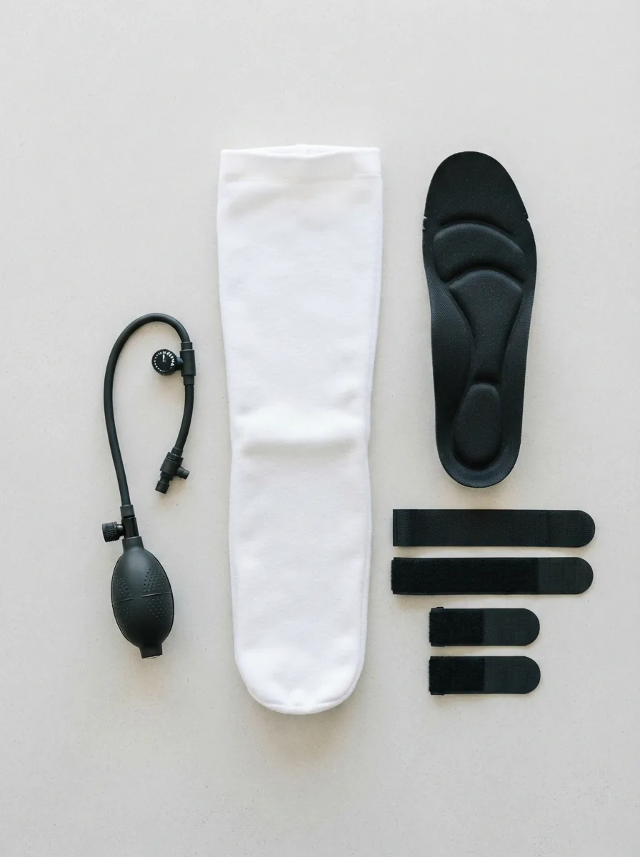 An assortment of Aircast boot replacement parts laid out on a clean surface.