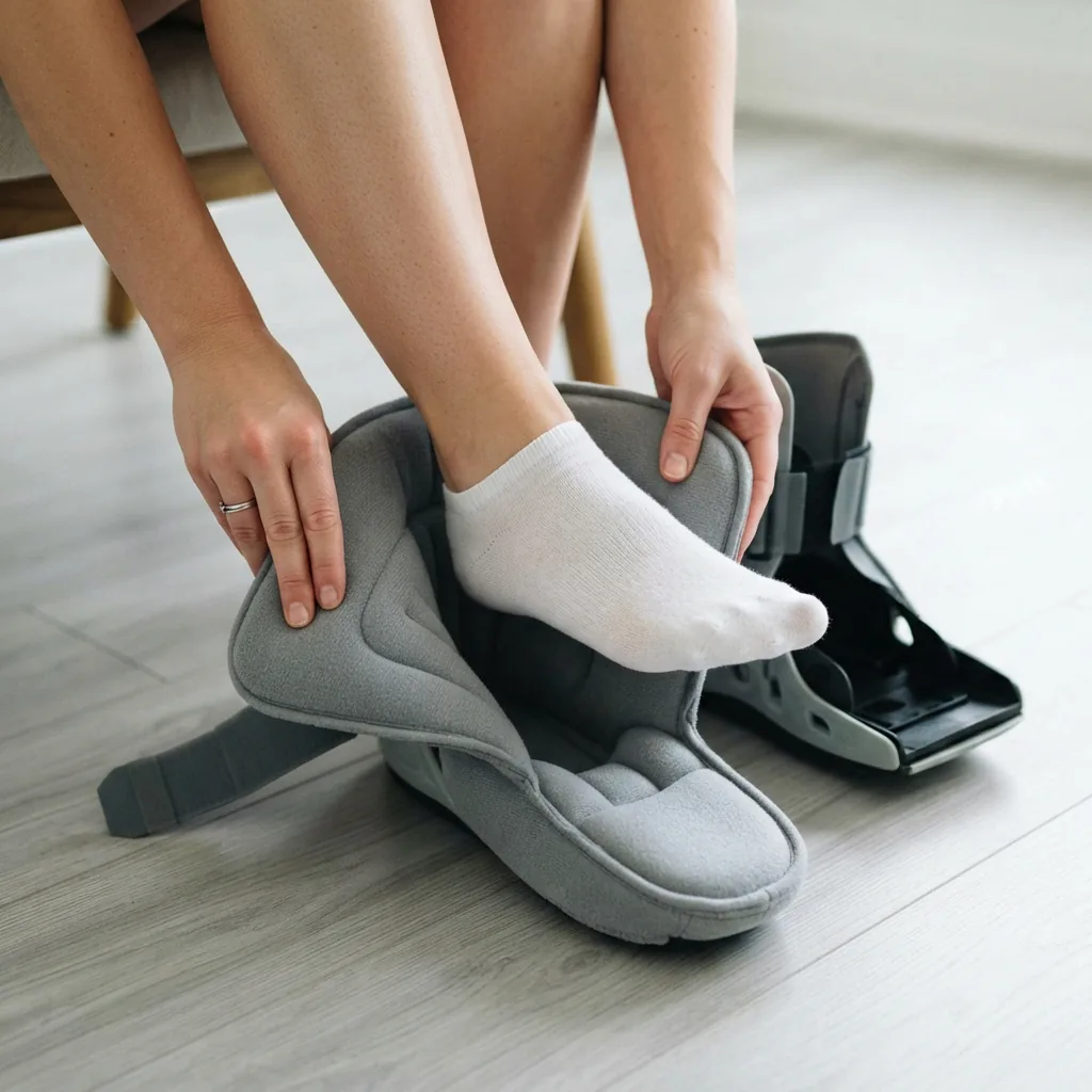 A person sliding their foot into the removable soft liner of the Aircast AirSelect Short Walking Boot.