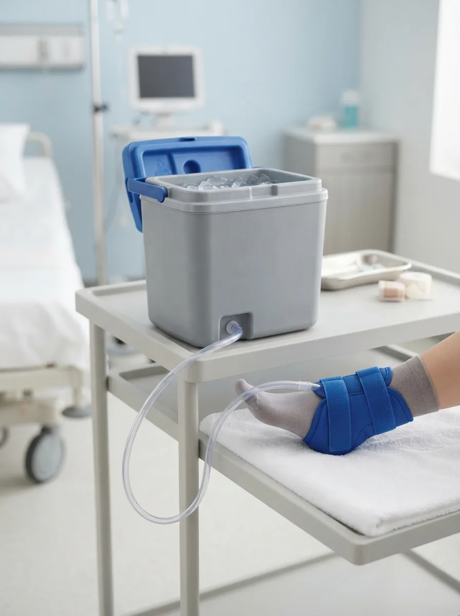 A single Aircast Cryo/Cuff cooler with a blue compression wrap attached, ready for use in a clinical setting.