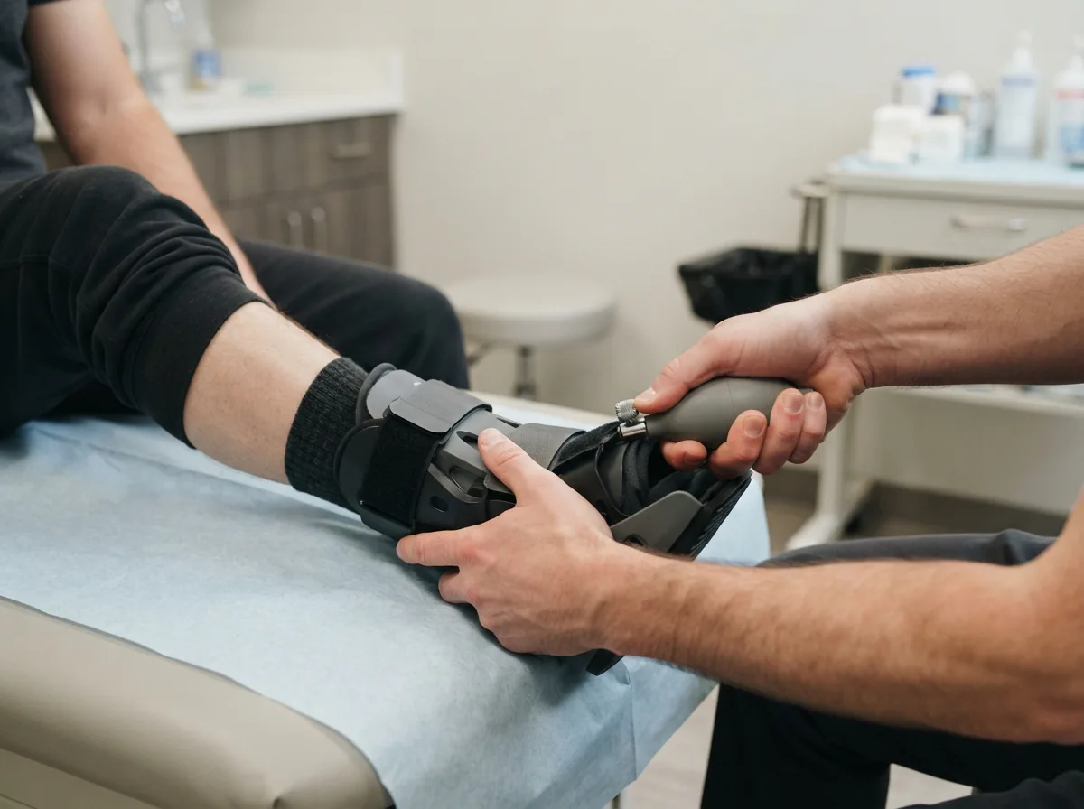 A pair of hands holding the Aircast AirSelect Short Walking Boot, demonstrating the inflation bulb.