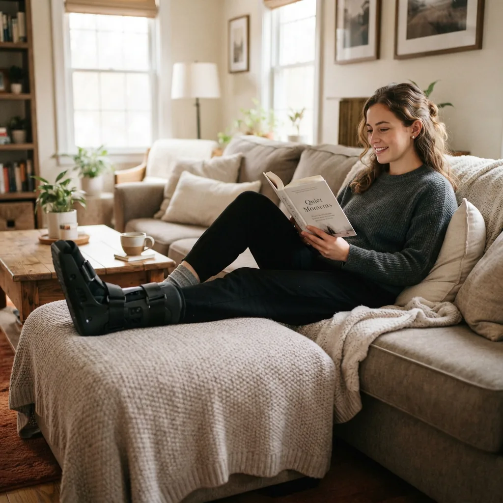 A person wearing the Aircast AirSelect Short Walking Boot resting their injured foot on a couch.