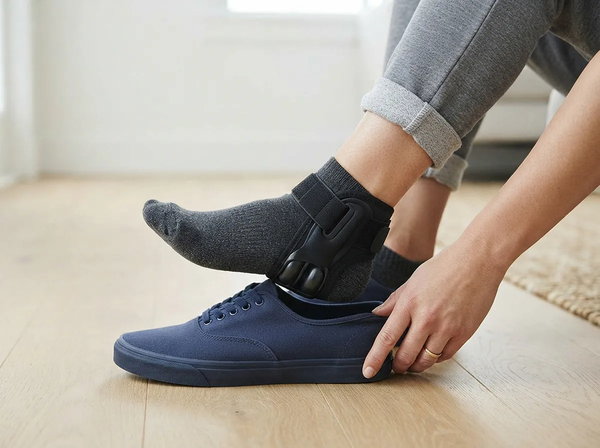 The Aircast AirHeel brace worn on a foot and placed inside a casual shoe to illustrate its low-profile design.