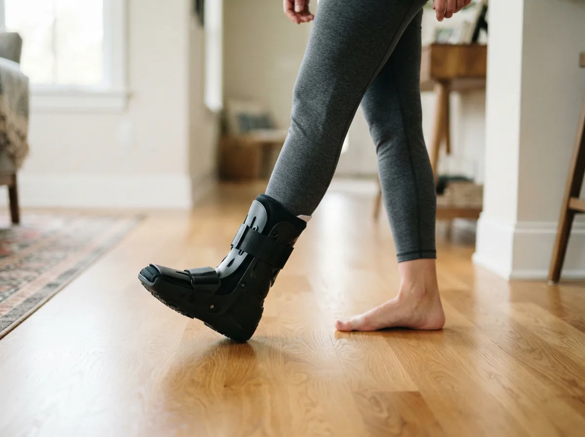 A person wearing the Aircast AirSelect Short Walking Boot takes a step forward on a flat floor.