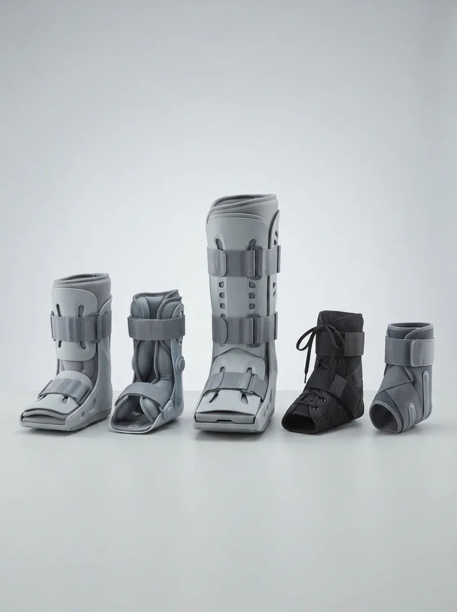 A lineup of various Aircast walking boots and ankle braces displayed on a neutral background.