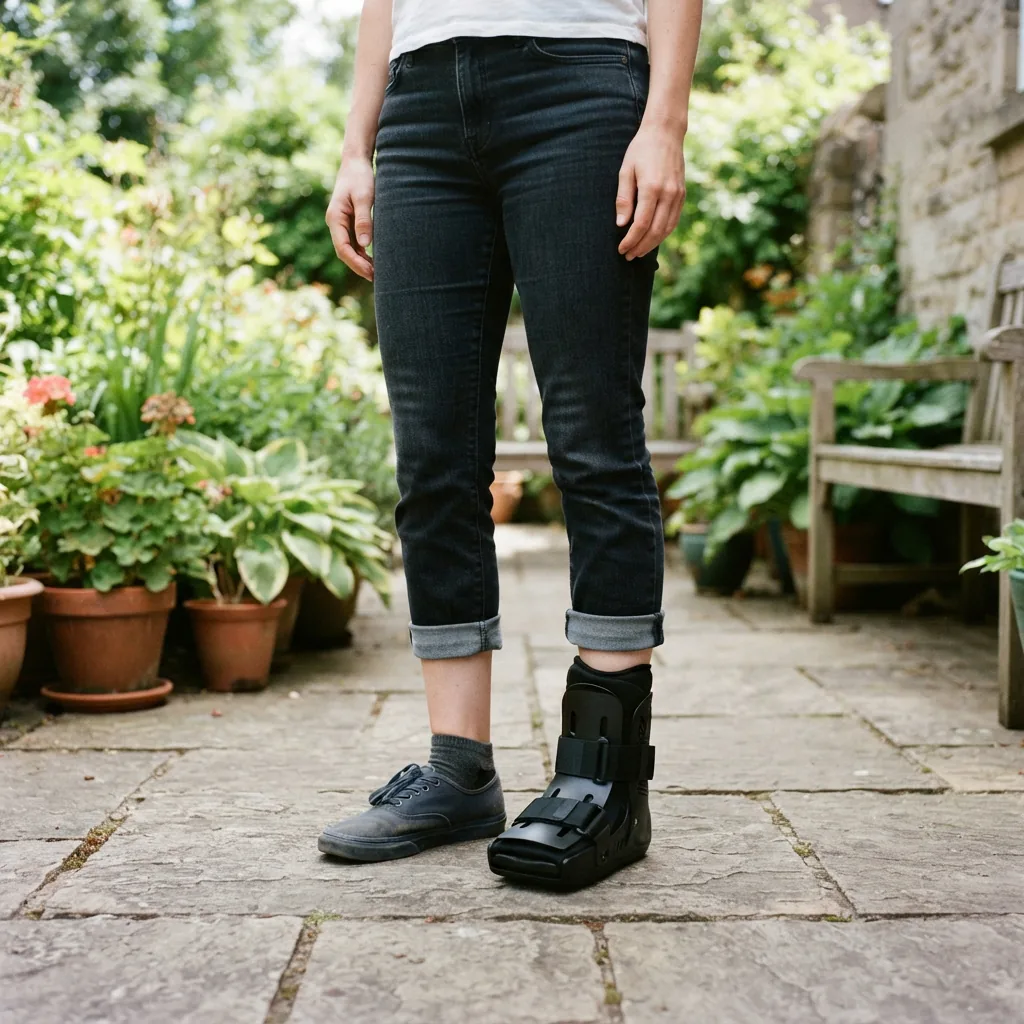 A person wearing the Aircast AirSelect Short Walking Boot stands on a patio.