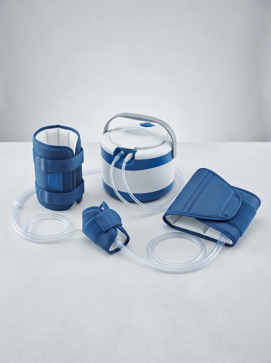 A collection of Aircast Cryo Cuff cold therapy systems arranged for display.