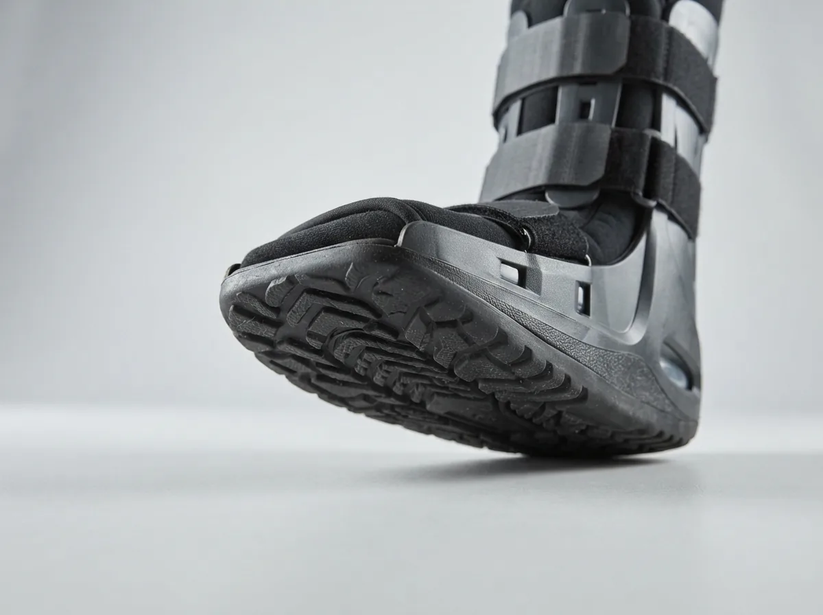 The Aircast AirSelect Short Walking Boot from a low angle, highlighting the thick, textured low-profile rocker sole.