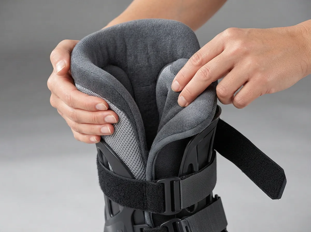 A person comfortably sitting, adjusting the soft interior liner of an Aircast walking boot.