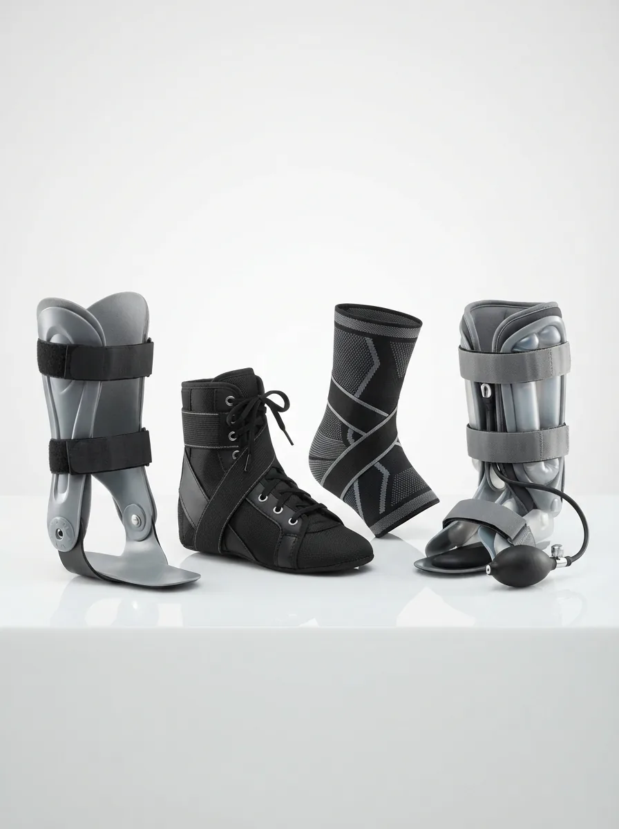 A collection of different Aircast ankle braces arranged on a clean white surface.